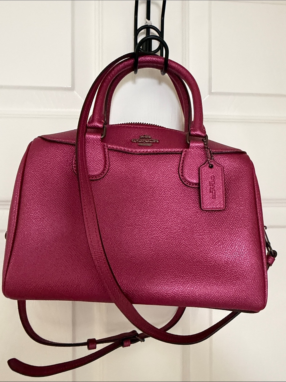 Coach Metallic Fuchsia Leather Satchel with Crossbody Strap